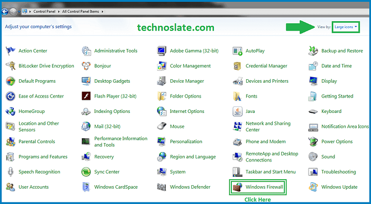 Windows Firewall from Large or Small Icons